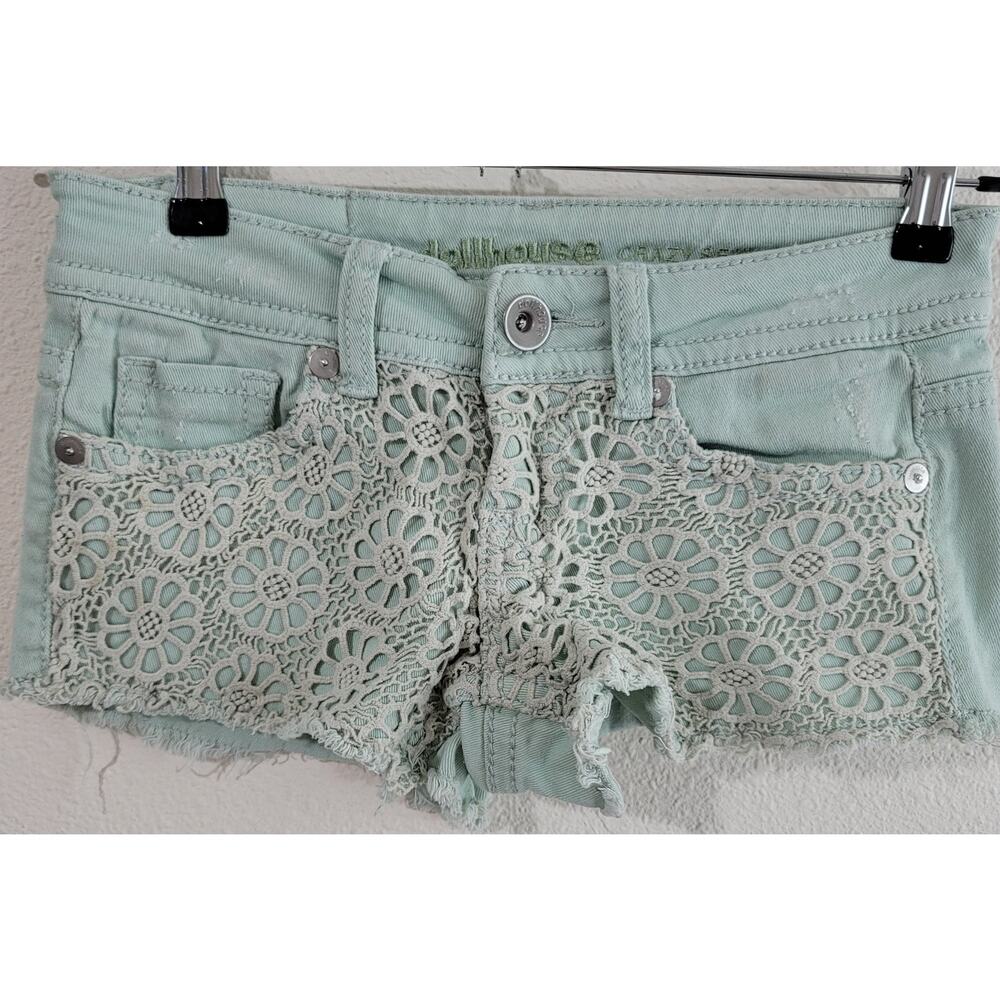 Dollhouse Crazy Sexy Cool Mint Green Crochet Denim Shorts 3 Distressed Soft